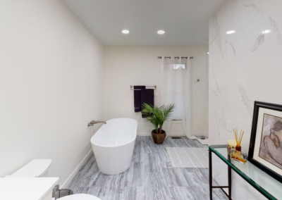 BATHROOM REMODEL & TILE WORK - Standalone tub with wall mounted faucet and tile flooring