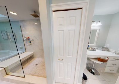 LONG BATHROOM REMODEL - Long bathroom remodel with tiled walk-in shower, tiled floating bench and rainfall showerhead